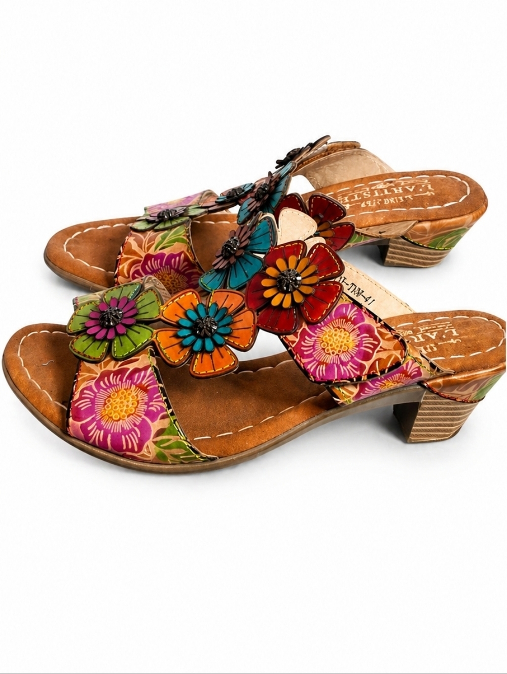 L’Artiste Floral Leather Slide Sandals 3D Flower Block Heel Mules 41/9.5-10 NEW